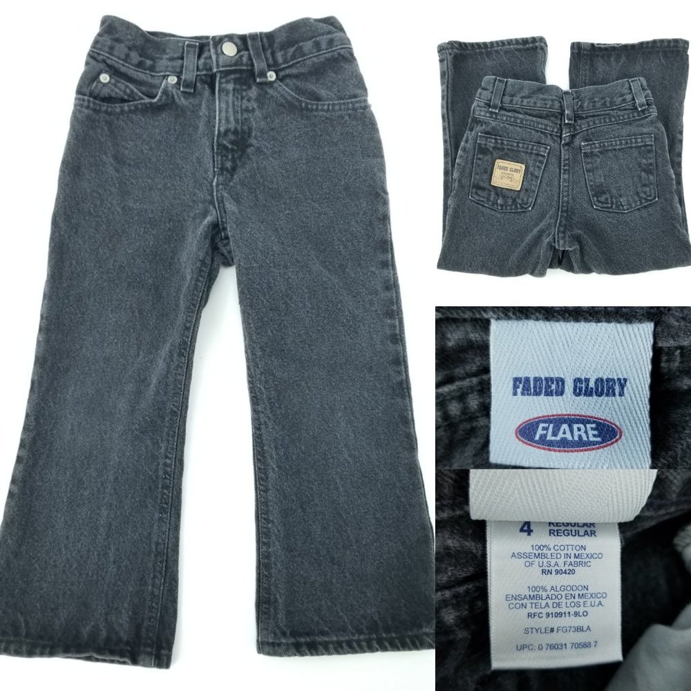 Faded Glory Kids Girls size 4 20"x16" Black 100% Cotton Denim Flare Leg Jeans
